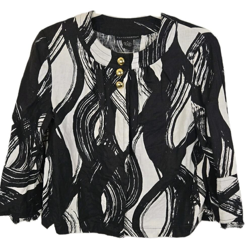 Grace Elements Black White Linen Style Jacket Size 4 Cropped Gold Buttons MOBWIF
